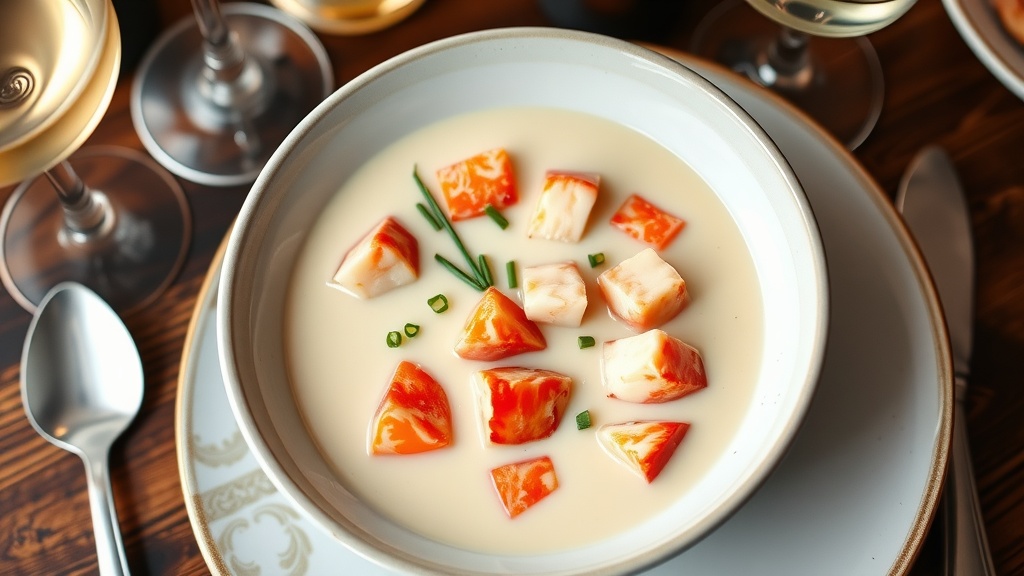 Luxurious Lobster Bisque Recipe A bowl of creamy Lobster Bisque with lobster chunks and chives on a wooden table with wine.